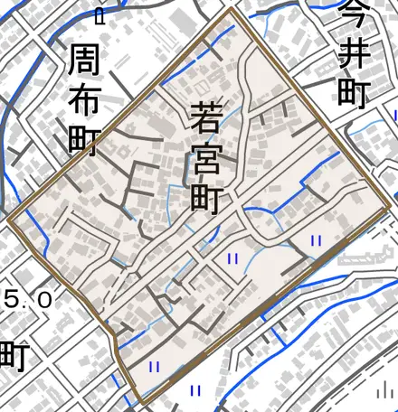 若宮町とその周辺の地図。町の範囲を重ねている