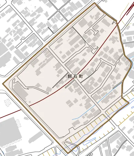 鰐石町とその周辺の地図。町の範囲を重ねている