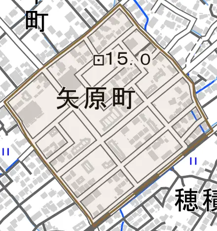矢原町とその周辺の地図。町の範囲を重ねている