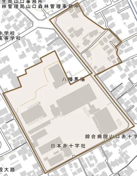 八幡馬場とその周辺の地図。町の範囲を重ねている