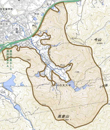 吉田とその周辺の地図。町の範囲を重ねている