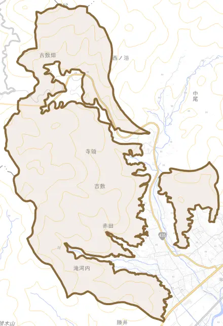 吉敷とその周辺の地図。町の範囲を重ねている