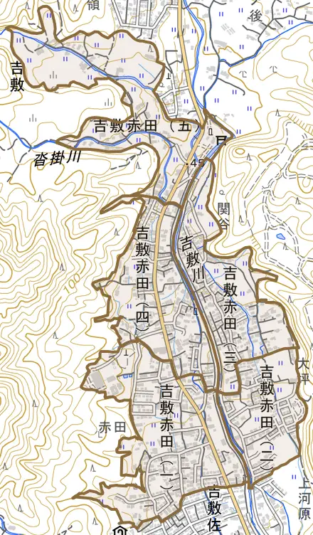 吉敷赤田とその周辺の地図。町の範囲を重ねている