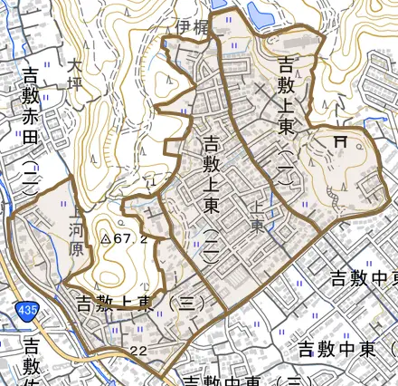 吉敷上東とその周辺の地図。町の範囲を重ねている