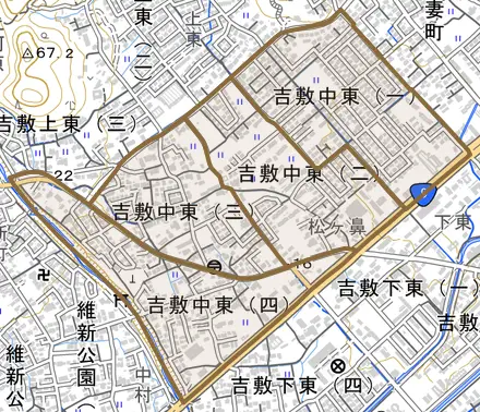 吉敷中東とその周辺の地図。町の範囲を重ねている