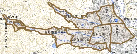 吉敷佐畑とその周辺の地図。町の範囲を重ねている