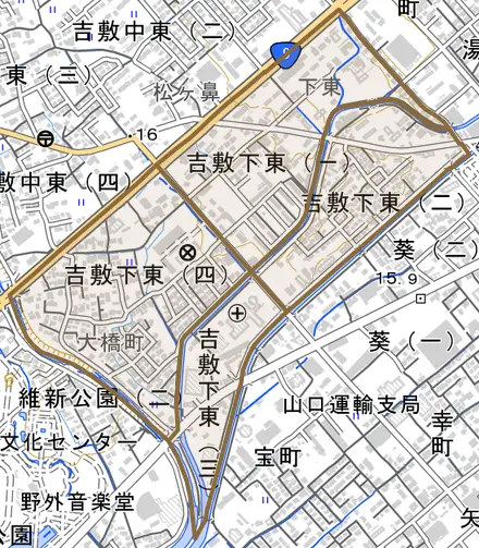 吉敷下東とその周辺の地図。町の範囲を重ねている