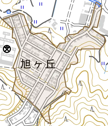 旭ヶ丘とその周辺の地図。町の範囲を重ねている