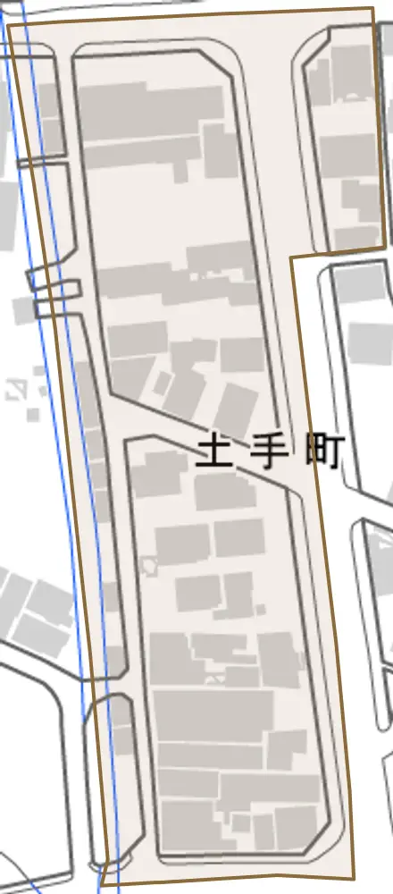 土手町とその周辺の地図。町の範囲を重ねている
