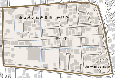 東土手とその周辺の地図。町の範囲を重ねている