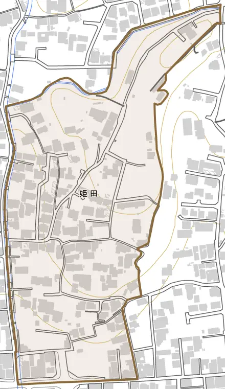 姫田とその周辺の地図。町の範囲を重ねている