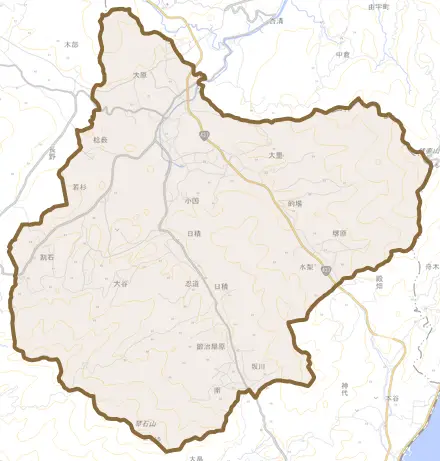 日積とその周辺の地図。町の範囲を重ねている