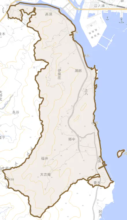 伊保庄とその周辺の地図。町の範囲を重ねている