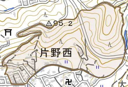 片野西とその周辺の地図。町の範囲を重ねている