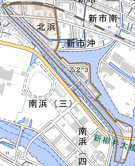 北浜とその周辺の地図。町の範囲を重ねている