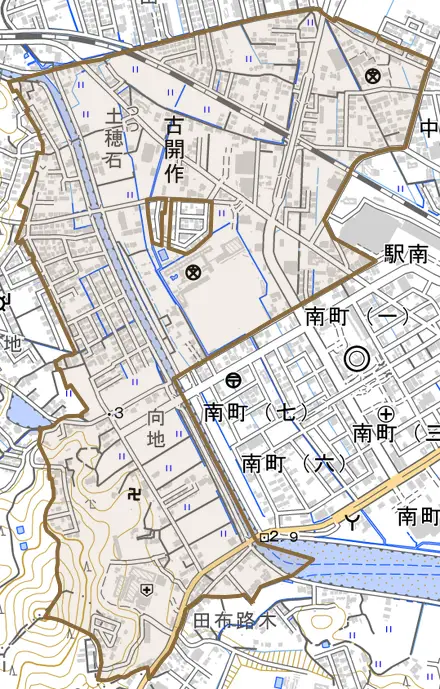古開作とその周辺の地図。町の範囲を重ねている