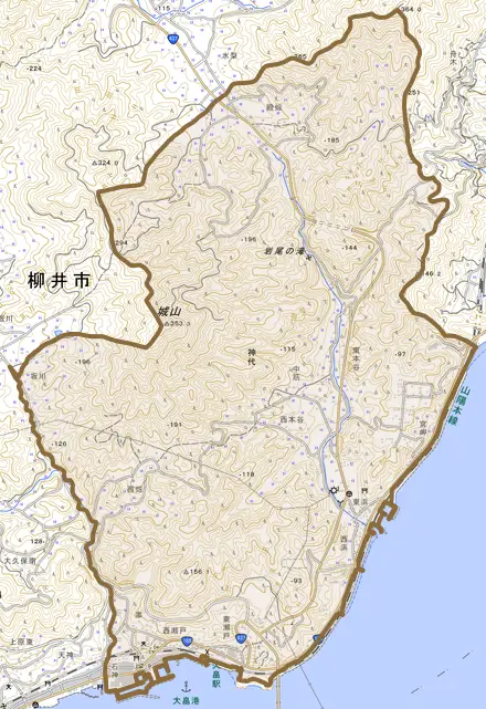 神代とその周辺の地図。町の範囲を重ねている