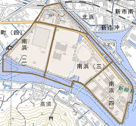 南浜とその周辺の地図。町の範囲を重ねている
