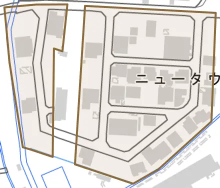 ニュータウン南町とその周辺の地図。町の範囲を重ねている