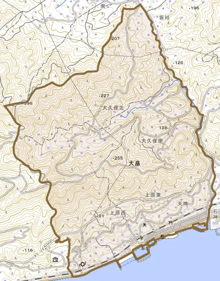 大畠とその周辺の地図。町の範囲を重ねている