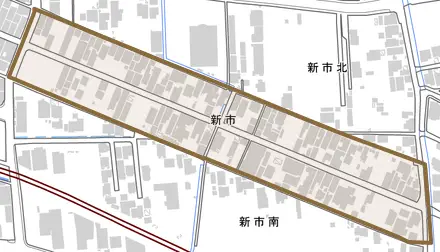 新市とその周辺の地図。町の範囲を重ねている