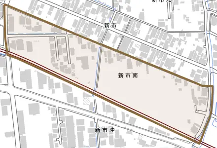 新市南とその周辺の地図。町の範囲を重ねている
