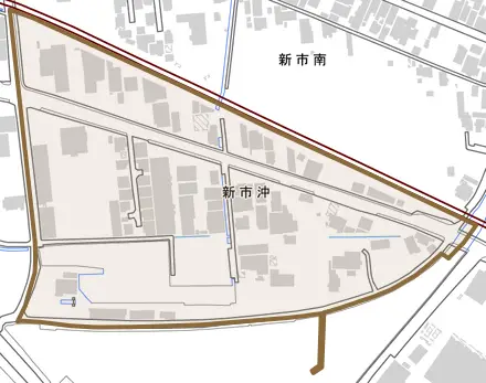 新市沖とその周辺の地図。町の範囲を重ねている