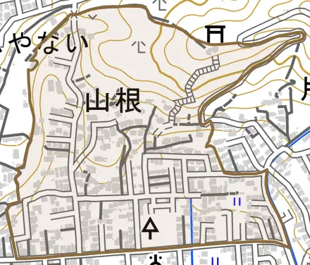 山根とその周辺の地図。町の範囲を重ねている