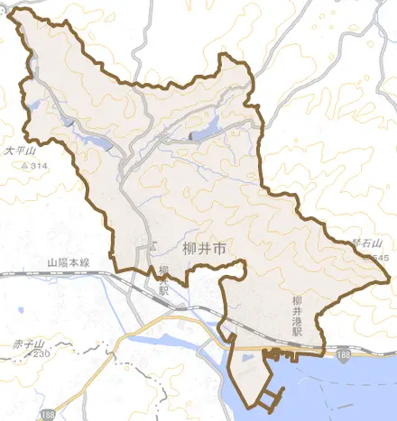 柳井とその周辺の地図。町の範囲を重ねている