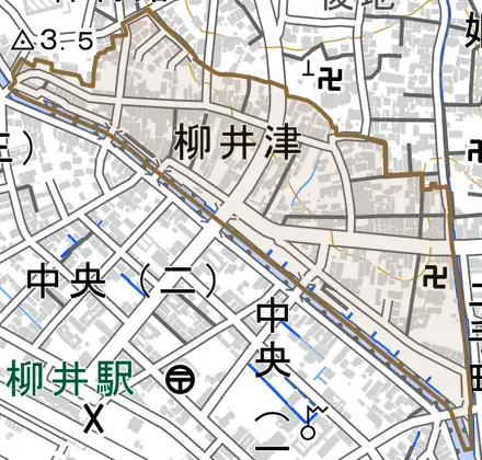 柳井津とその周辺の地図。町の範囲を重ねている