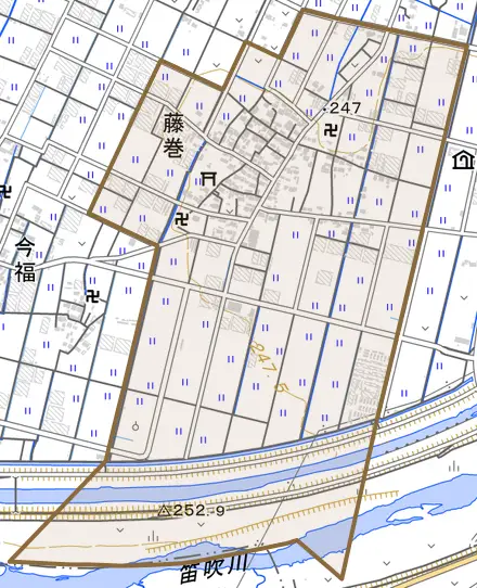 藤巻とその周辺の地図。町の範囲を重ねている