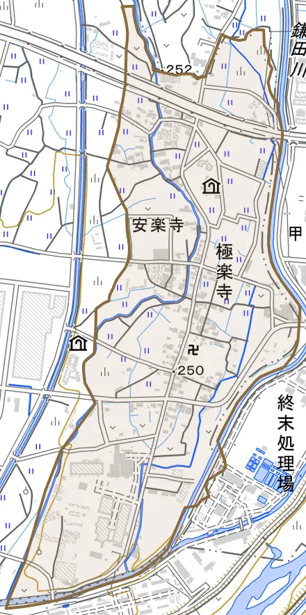 極楽寺とその周辺の地図。町の範囲を重ねている