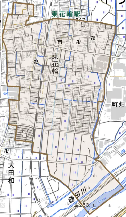 東花輪とその周辺の地図。町の範囲を重ねている