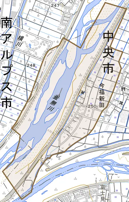 今福新田とその周辺の地図。町の範囲を重ねている