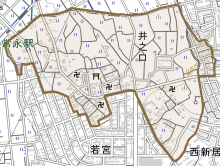 井之口とその周辺の地図。町の範囲を重ねている
