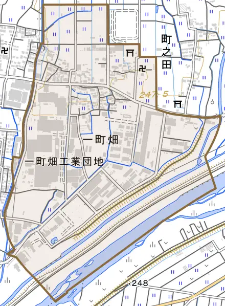 一町畑とその周辺の地図。町の範囲を重ねている