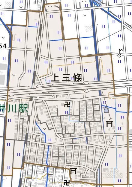 上三條とその周辺の地図。町の範囲を重ねている