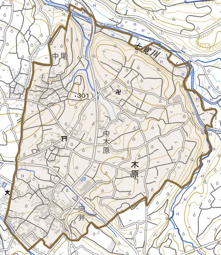 木原とその周辺の地図。町の範囲を重ねている