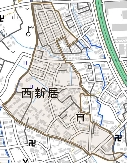 西新居とその周辺の地図。町の範囲を重ねている