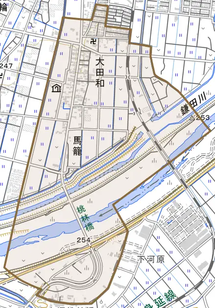 大田和とその周辺の地図。町の範囲を重ねている