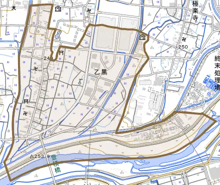 乙黒とその周辺の地図。町の範囲を重ねている