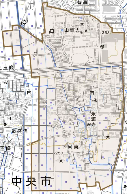 下河東とその周辺の地図。町の範囲を重ねている