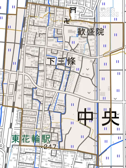 下三條とその周辺の地図。町の範囲を重ねている