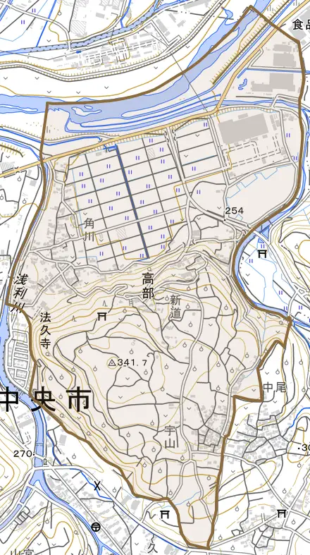 高部とその周辺の地図。町の範囲を重ねている