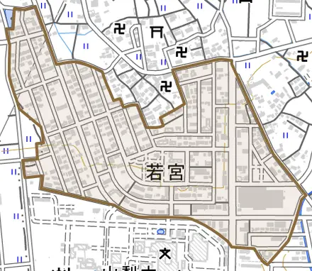 若宮とその周辺の地図。町の範囲を重ねている