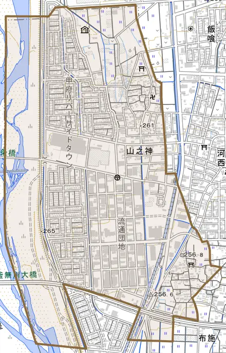 山之神とその周辺の地図。町の範囲を重ねている