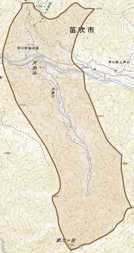 芦川町新井原とその周辺の地図。町の範囲を重ねている