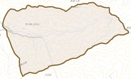 芦川町上芦川とその周辺の地図。町の範囲を重ねている
