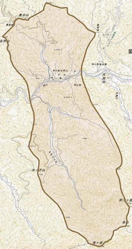 芦川町中芦川とその周辺の地図。町の範囲を重ねている