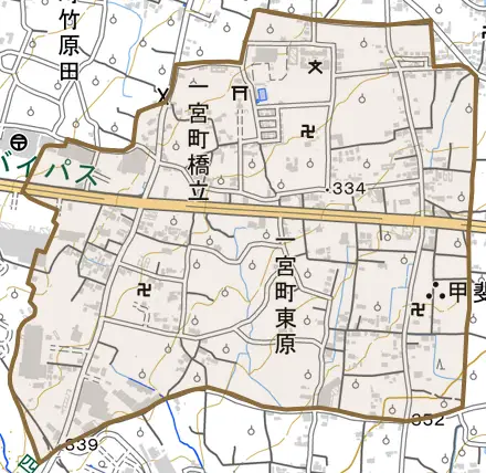 一宮町東原とその周辺の地図。町の範囲を重ねている